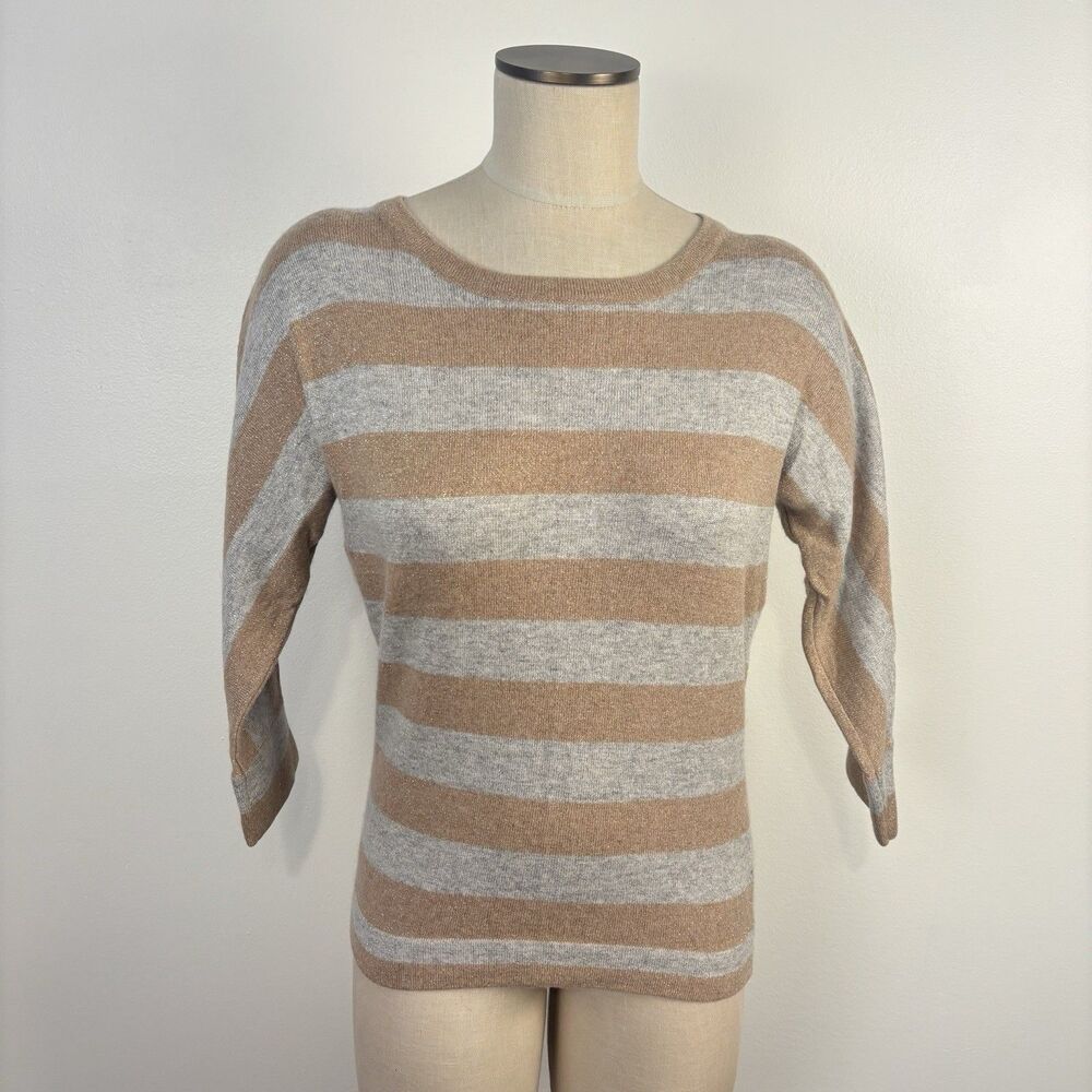 Garnet Hill Womens S Gold Silver Striped Sweater Top Wool Cashmere Rabbit Hair